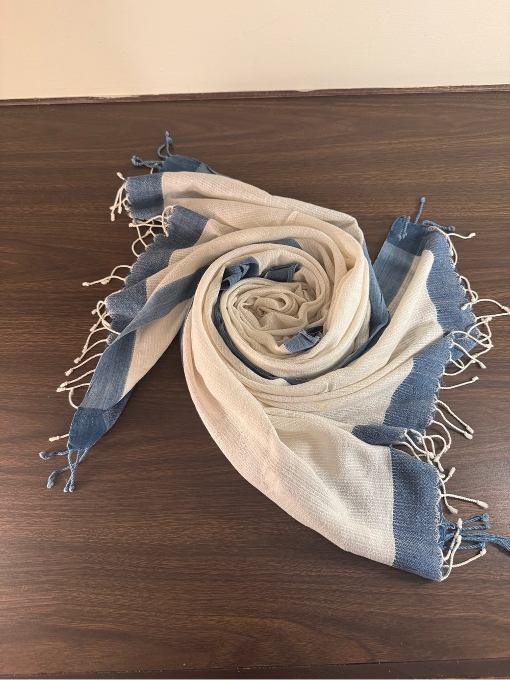 Dosa Handwoven 100% Cotton Scarf Shawl Blue Ivory Fringe India 31” x 65”